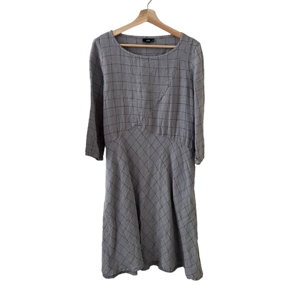 Lisa Bayne Lagenlook‎ Linen 3/4 Sleeve Window Pane Midi Dress Gray XS Minimalist - Picture 1 of 14